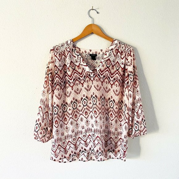 Ann Taylor Tops - Ann Taylor Cream And Red Aztec Print Sheer Blouse